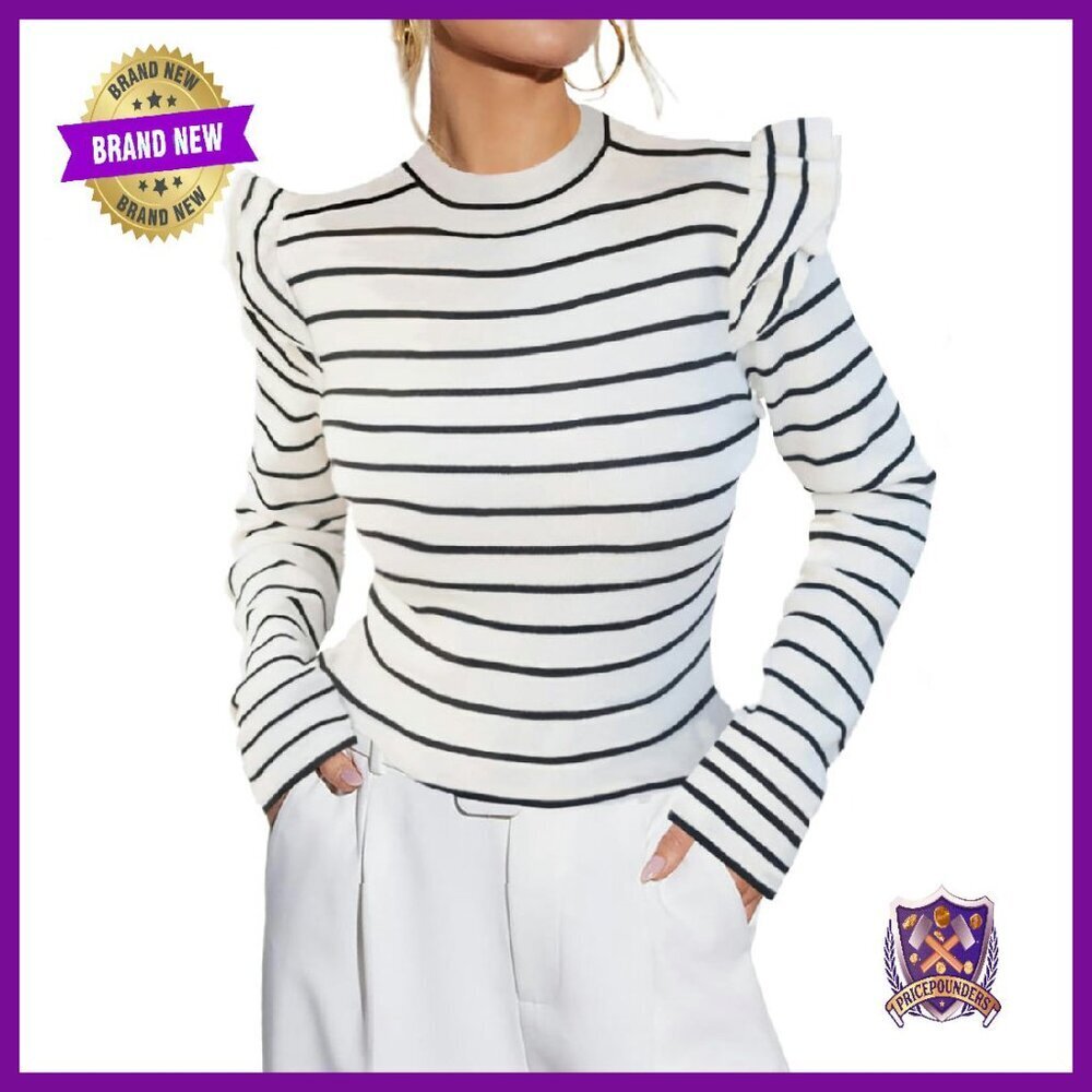 Long Sleeve Ruffle Blouse Rib Knit Slim Fit Office Casual Top